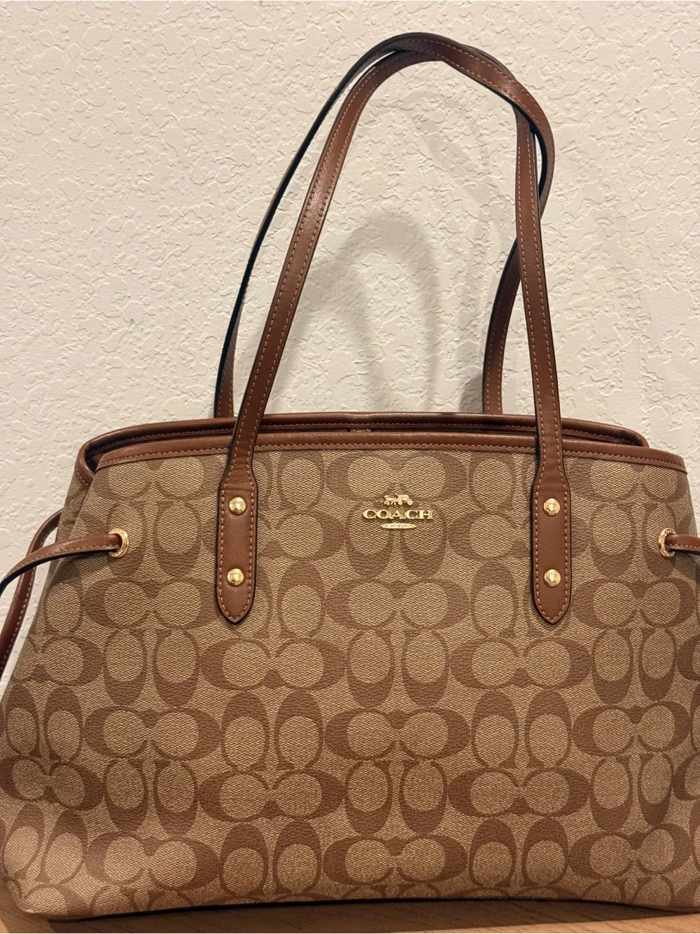 Coach Brown Signature Canvas Tote with Leather Trim